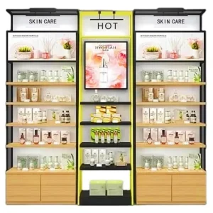 Custom Beauty Store Iron Wood Display Stand Shelf Cosmetic Skin Care Product Makeup Perfume Essential Oil Display Rack Cabinet