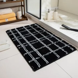 Custom Black and White Striped Checkered Plush TPR Floor Mat Washable Anti-Slip Water-Absorbent Area Rug