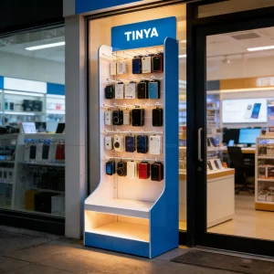 Custom Blue Acrylic PVC Display Stand with Floor-Standing Hooks for Retail Store Electronic Accessories