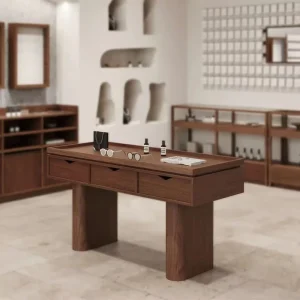Custom Brown Solid Wood Countertop Display Table with Shelf