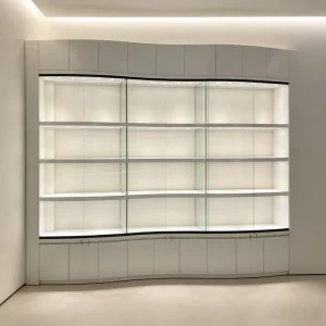 Custom Built in Wall Showcase Boutique Wall Showroom Commercial Shopfitting Flush Mount Led S shaped Glass Multi layer Display