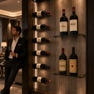 Custom Cable-Suspended Glass Wine Bottle Display Rack for Hotels, Restaurants, and Bars