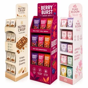Custom Cardboard Retail Floor Display Stand and Shelf Rack for Snacks, Candy, and Beverages