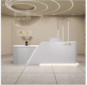 Custom Color Modern Luxury Wooden Counter Reception Desk Stone Wood Curved Wood Reception Desk