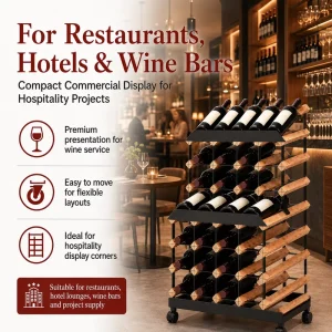 Custom Commercial Mobile Wooden Wine Rack and Bottle Display Stand for Restaurant or Hotel
