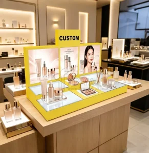 Custom Countertop Acrylic Beauty Skincare Display Rack Cosmetics Display Gold LED Lighted Perfume Display Stand