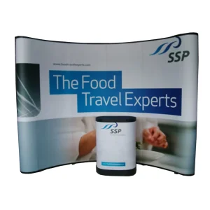 Custom Curved Pop-up Display Booth with Cardboard Stand and Tension Fabric Floor Backdrop Banner