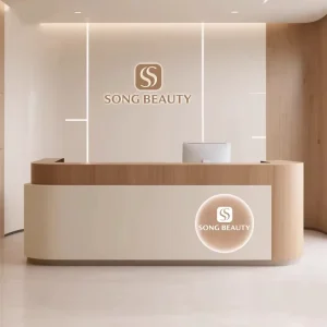 Custom Design Modern Natural Wood Reception Counter with logo Reception Desk for a Spa