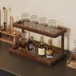 Custom Double-Tier Wooden Bamboo Cup Holder and Storage Rack for Wine Glasses and Coffee Cups