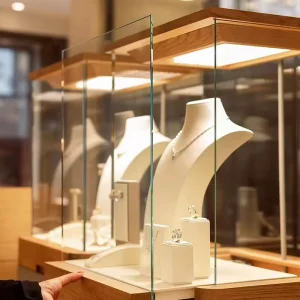 Custom Glass Display Cabinet with LED Lighting for Retail Jewelry Displays