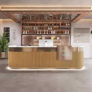 Custom High-Gloss Fluted Curved Reception Desk with LED Light and Sintered Stone Surface