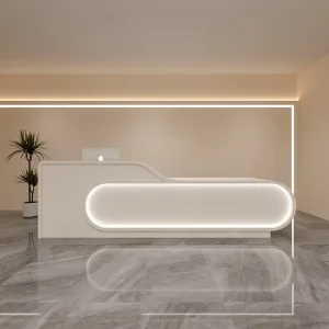 Custom LED Cashier Reception Desk with Curved Wood Counter for Salon, Boutique, and Office