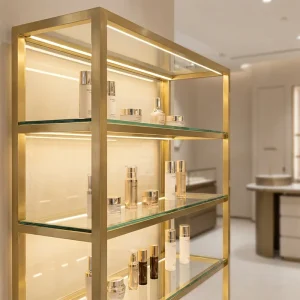 Custom Luxury Cosmetic Display Showcase Rectangular Retail Shelving Glass Shelf Metal Frame Store Fixture