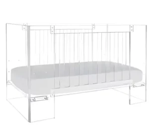 Custom Luxury Modern Clear Acrylic Baby Bed Display Rack High Quality Lucite Crib Wooden Baby Cot Unassembled Without Mattress