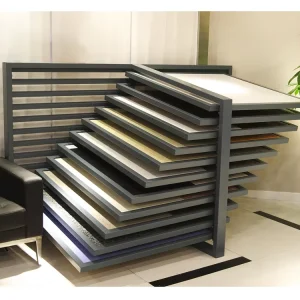 Custom Metal Display Rack for Showrooms with Floor and Wall Tile Shelves