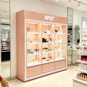Custom Modern Pink Metal+Acrylic Cosmetic Display Rack with LED Lighting and Storage Drawers for Makeup Retail Store
