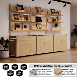 Custom Modular Aluminum Frame Wall Display Cabinet With Slanted Bookshelf