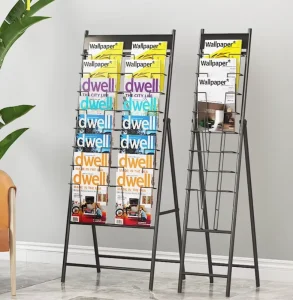 Custom No Assembly Foldable Metal Floor Magazine Rack Newspaper Brochure Literature Display Racks for Hotel Office Exhibition