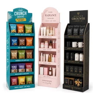 Custom-Printed Cardboard Retail Floor Display Stand for Snacks, Skincare, and Coffee
