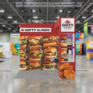 Custom Printed Portable Modular SEG Pop-Up Booth with Shelves for Food Trade Show Exhibitions