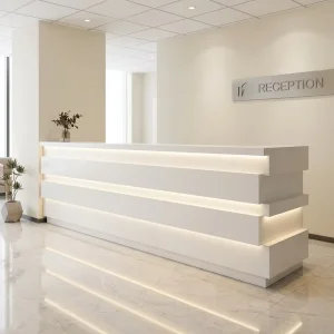 Custom Solid Surface Reception Desk 2 Seater with RGB LED Lighting Unique Striped Design for Office Lobby