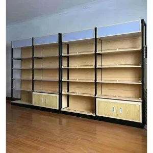 Custom Wood-Grain Metal-Frame Display Shelves with Cabinets for Boutique Stores and Supermarkets