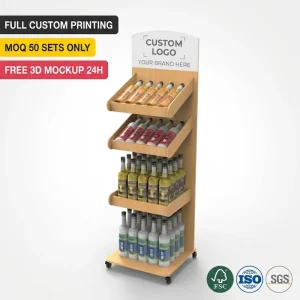 Custom Wooden Beverage Display Stand Wine Syrups Liquor Bottle Display Rack Retail Shop Shelf with Branding Header ODM