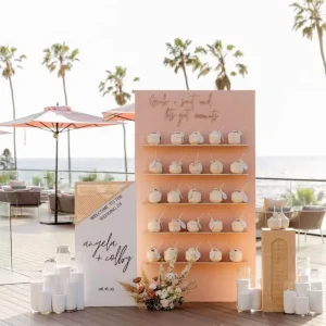 Custom Wooden Coconut Drink Wall with Tiered Shelves for Beach Wedding Decor and Outdoor Event Display