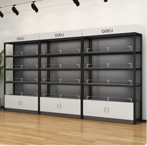 Custom Wooden Makeup Wall Display Cabinet with Tiered Shelves and Adjustable LED Lighting for Beauty Boutiques and Perfume