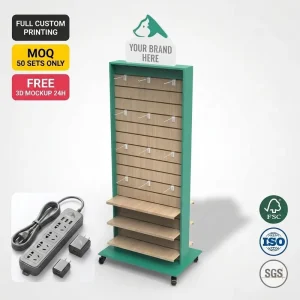 Custom Wooden Power Strip Display Stand Floor Standing 3C Accessories Retail Display Rack With Hooks Shelves Custom Logo OEM ODM