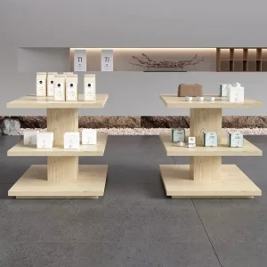 Custom Wooden Retail Display Stand with Light Brown Varnished Finish Eco Friendly & Heavy Duty for Exhibition and Business Use