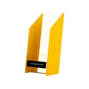 Custom Yellow Acrylic Brochure Holder Stand, 3-Tier Vertical Countertop Flyer Display Rack with Logo