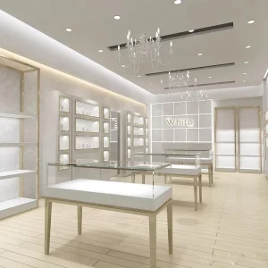 Customised Wooden Display Stand Shelves Jewelry Retail Fully Assembled Store Mall Showroom Stainless Steel Material LED Lighting