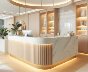 Customizable Marble and Wood Reception Desk for Beauty Salons