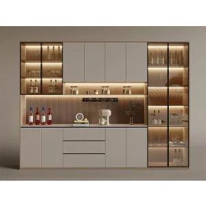 Customizable Modern Farmhouse Living Room Showcase Storage Display Cabinet with Glass Doors and Wood Stand