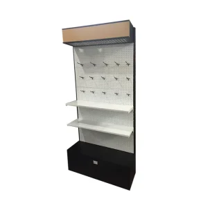 Customizable Single-Sided Light-Duty Metal Display Shelves With Perforated Board, Adjustable Height, and Hooks