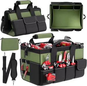 Customize 17 Pocket 15.5” Tool Bag Woodworking Pouch with Adjustable Shoulder Strap Soft Grip Handle Tool Tote Bag