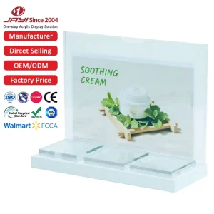 Customized Easy to Assemble Acrylic with 3 Transparent Acrylic Blocks Skincare Product Display Rack and Cosmetics Display Stand