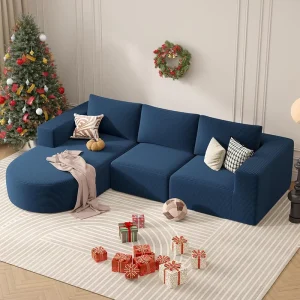 Customized Extendable Tufted Chenille Cotton Curved L-Shaped Modular 3-Seater Sofa with Storage