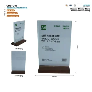 Customized Logo Walnut Wood Desktop Sign Holder T Shape Acrylic Display Stand for A6 Retail Price Label