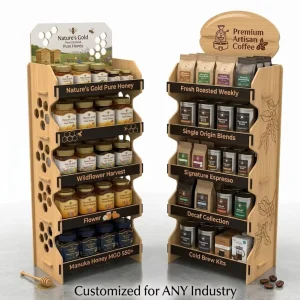 Customized Wooden Honey Display Stand Floor Standing Wood Display Stand for Grocery Supermarket Retail
