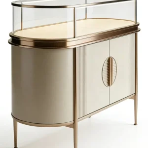 Customized arc glass display cabinet with metal edge & light luxury display case jewelry display showcase for high end stores
