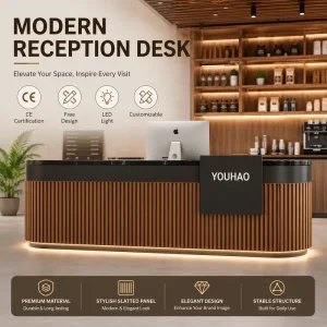 Dark Wood Slatted Panel Reception Desk With Black Marble Top Base Led Light Custom Logo Counter for Coffee Shop Hotel