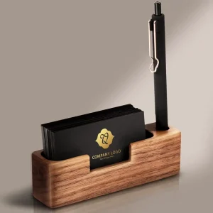 Desktop Wooden Business Card Memo Holder and Storage Stand for Office Tabletop