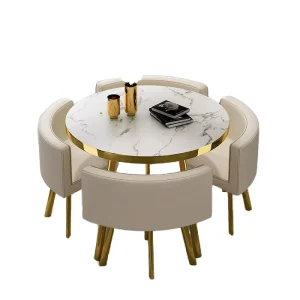 Dining Table and 4-Chair Set with Marble Top and Stainless Steel Legs