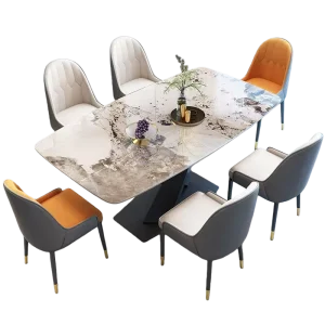 Dining Table and 6-Chair Set with Sintered Stone Top and X-Shape Carbon Steel Base