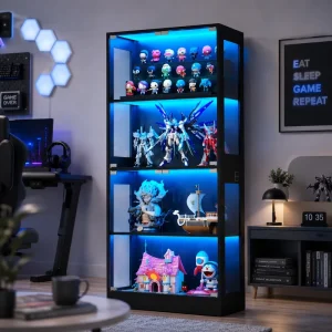 Display Cabinet Tall Showcase Glass Shelf Display Cabinet Modern Home Collection Storage Display Cabinet with LED