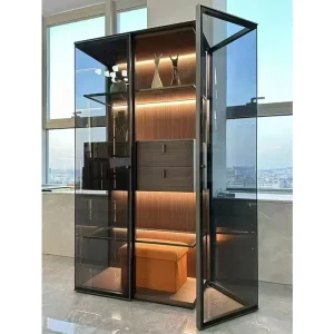 Double-Door Glass Display Cabinet with Wine Storage, Drawers, and Display Rack