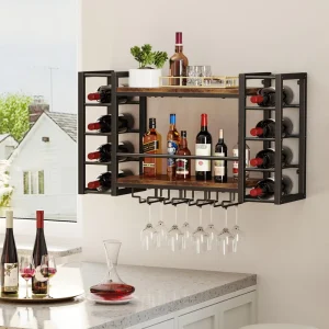 Double-Layer Wall-Mounted Wine Rack with Glass Cup Holder and Metal Bottle Holder