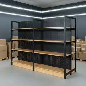 Double-Sided Metal Gondola Retail Shelves with Wood Accents
